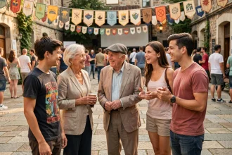 Groupe intergénérationnel de spectateurs discutant dans la cour d'un festival de cinéma en plein air