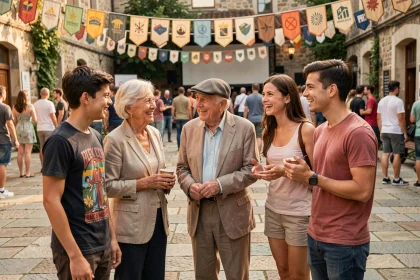 Groupe intergénérationnel de spectateurs discutant dans la cour d'un festival de cinéma en plein air