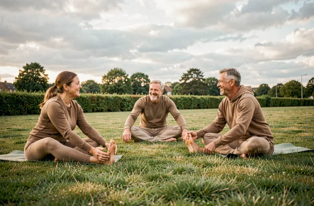 Groupe d'adultes pratiquant le yoga en plein air dans un parc pour prévenir le diabète de type 2 par l'activité physique modérée