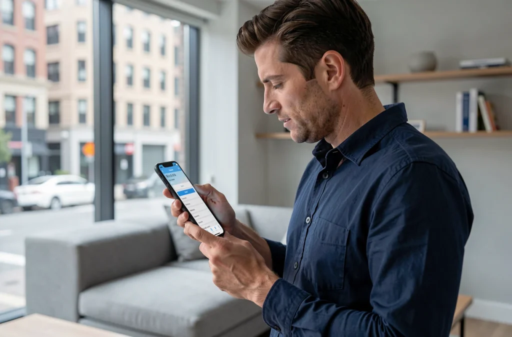 Homme consultant une application de comparaison d'assurance habitation dans son appartement moderne