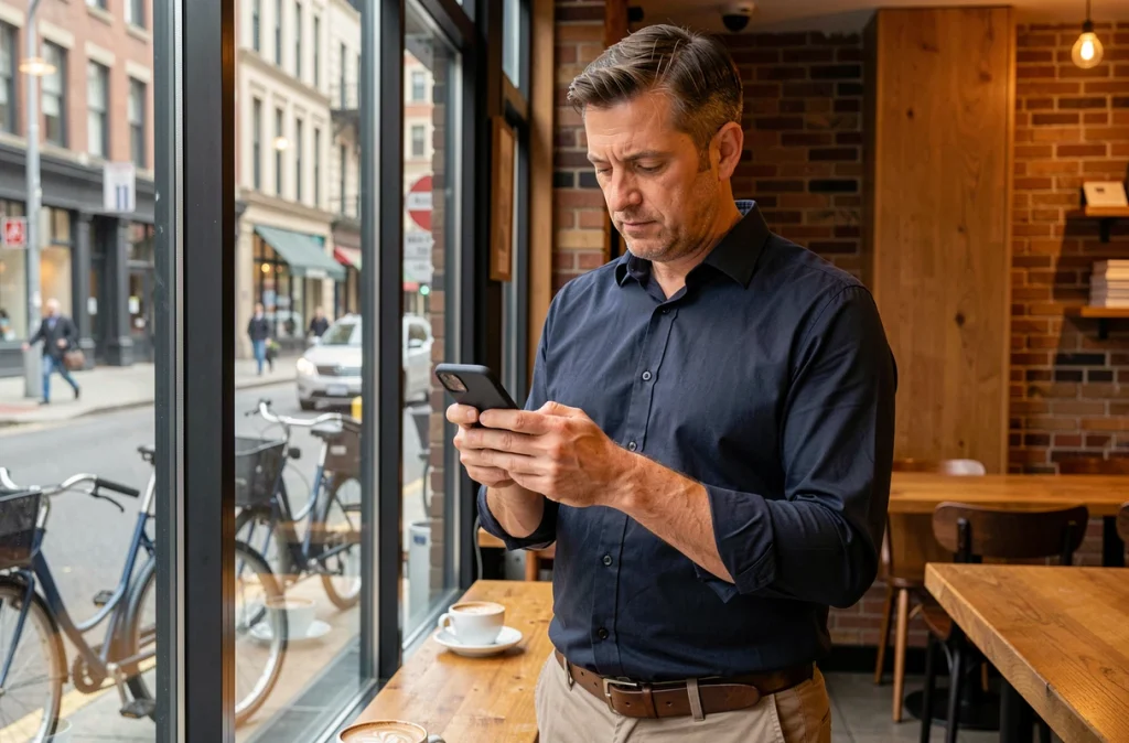 Homme d'affaires consultant une application mobile de comparaison de prix dans un café urbain face à une vitrine donnant sur la rue