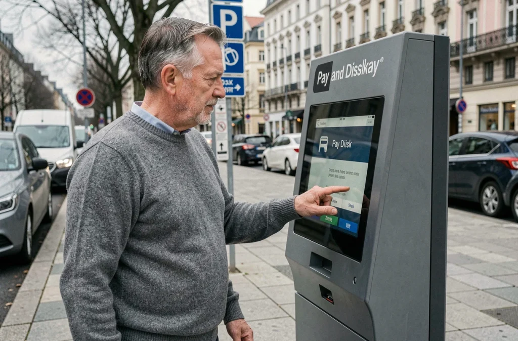 Homme utilisant une borne de stationnement connectée avec interface tactile en centre-ville