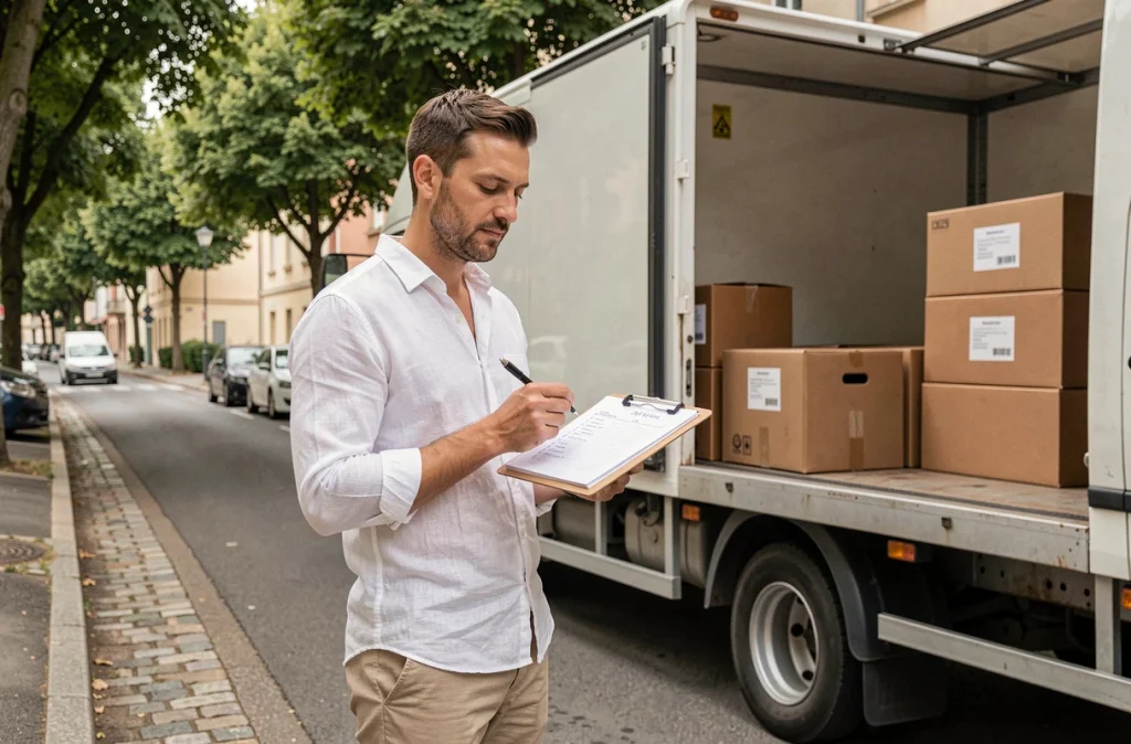 Homme vérifiant une liste de contrôle devant un camion de déménagement dans une rue résidentielle