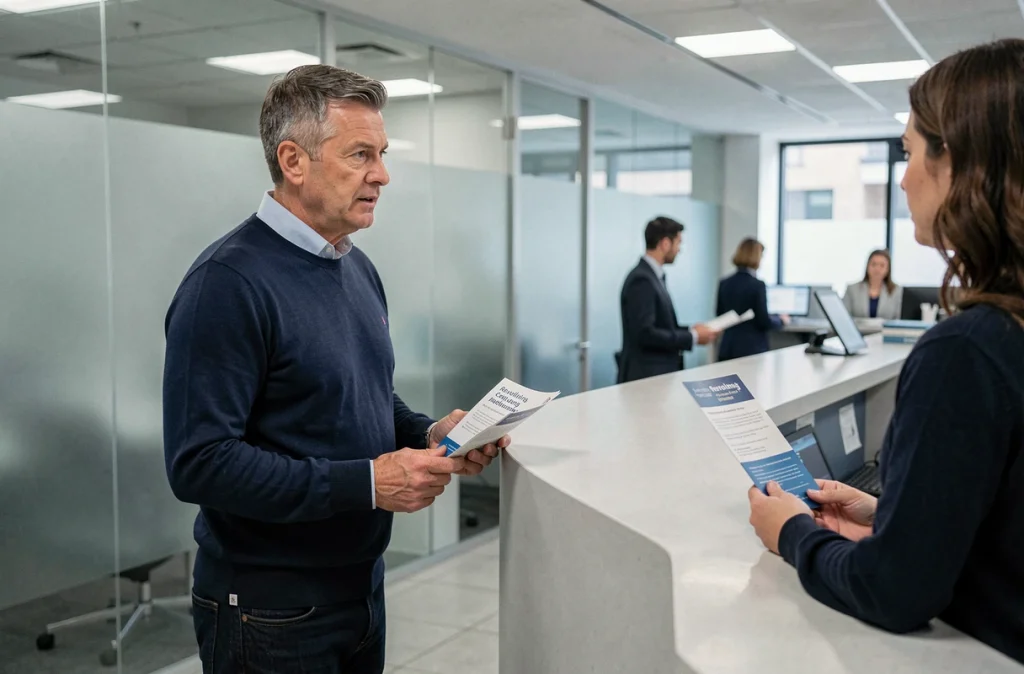 Homme discutant d'un crédit renouvelable avec un conseiller bancaire