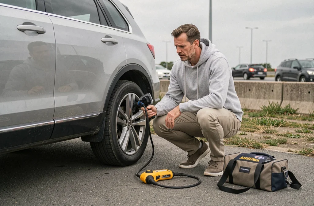 Homme vérifiant un gonfleur de pneu portable et une trousse de dépannage routière au bord d'une autoroute lors d'un voyage en voiture