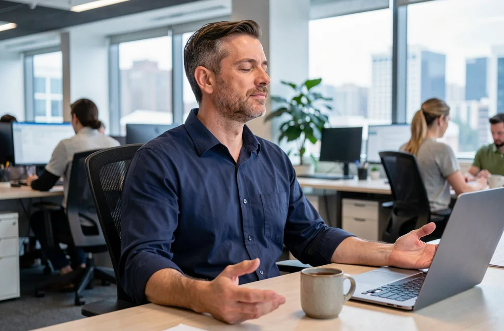 Homme méditant à son bureau pendant une pause au travail pour réduire le stress professionnel