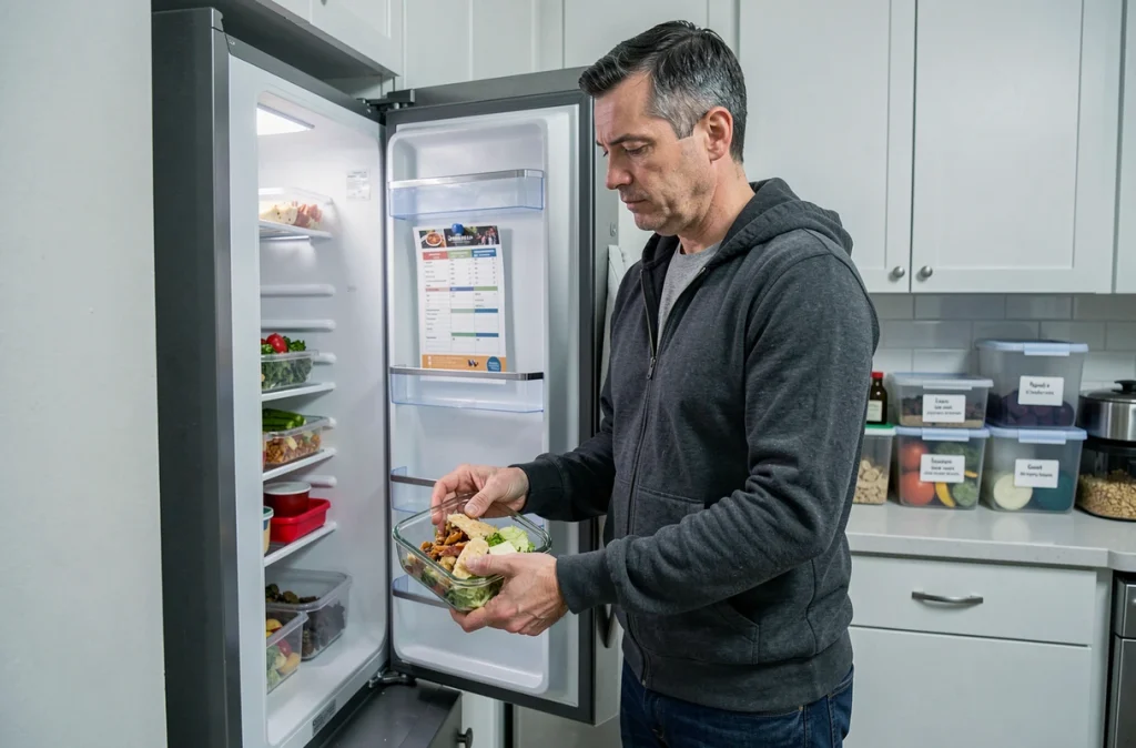 Homme organisant des restes alimentaires dans des contenants en verre pour éviter le gaspillage et économiser de l'argent