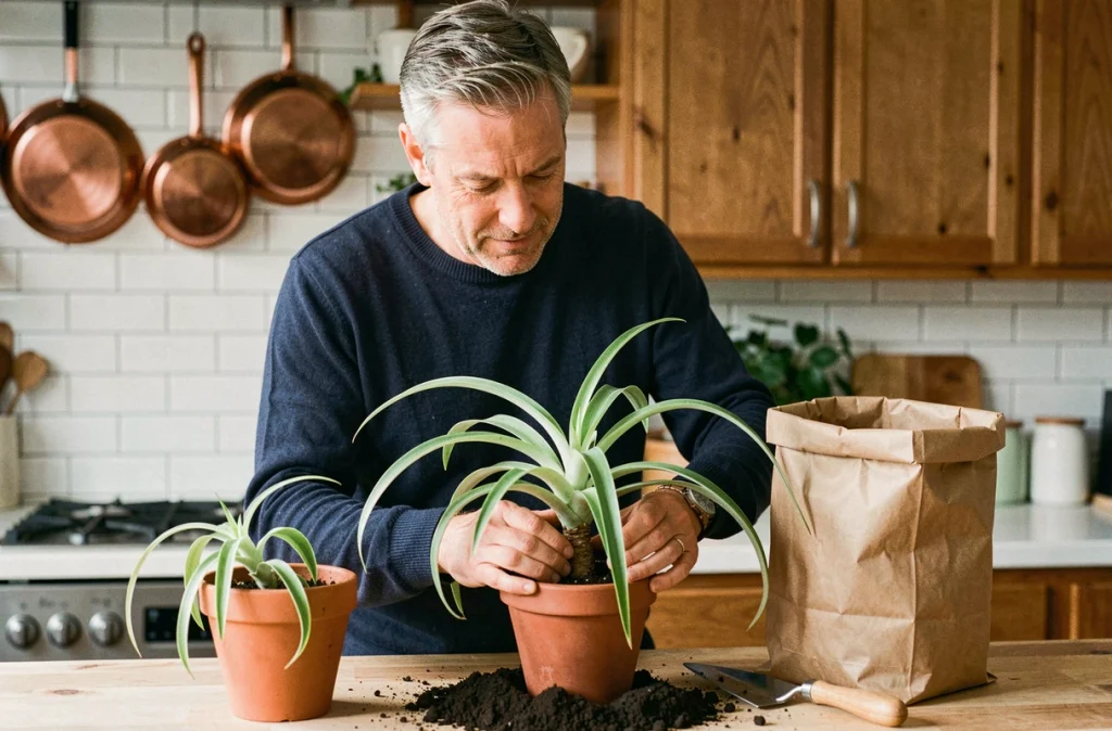 Homme rempotant une plante araignée dépolluante dans une cuisine lumineuse avec pots en terre cuite