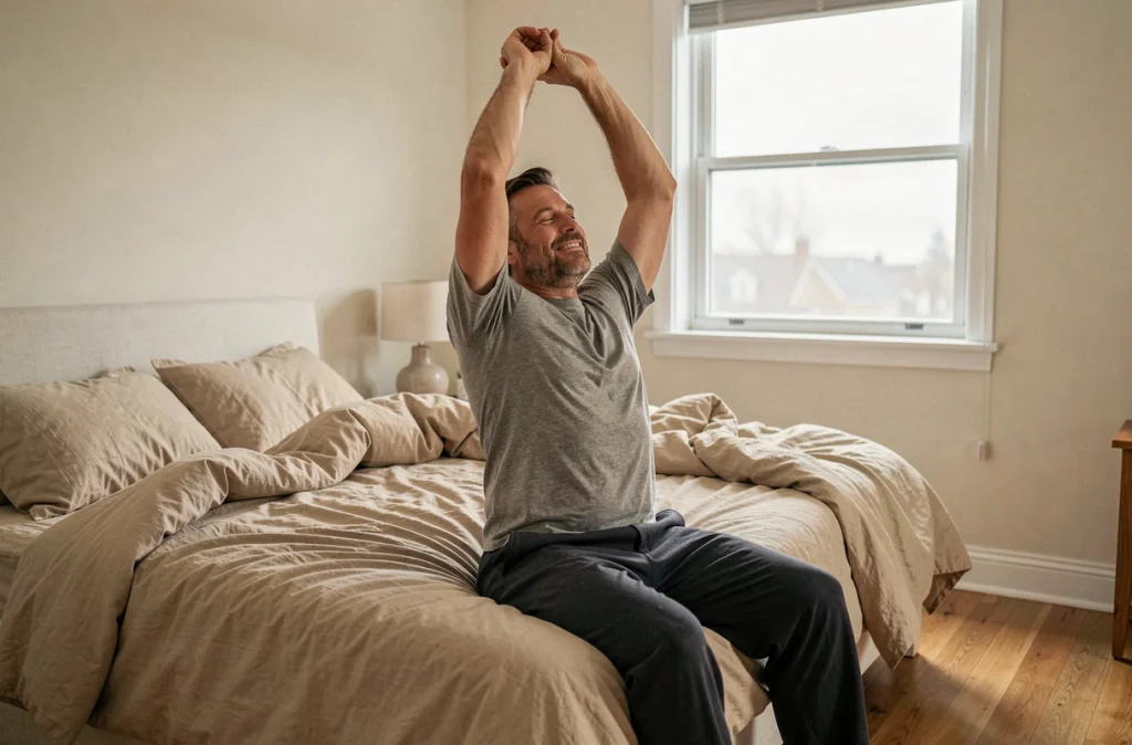 Homme d'âge mûr s'étirant au réveil dans une chambre chaleureuse, symbolisant un sommeil de qualité bénéfique pour le système immunitaire