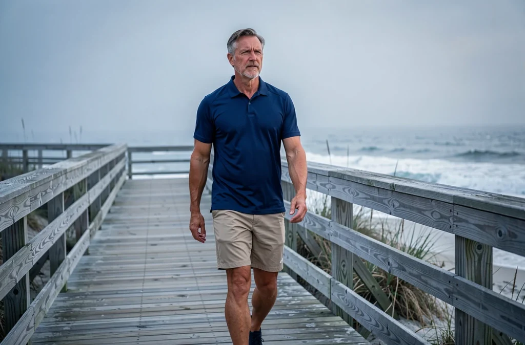 Homme senior marchant rapidement sur une promenade côtière au bord de la mer, démontrant les effets bénéfiques de la marche rapide sur la santé cardiaque