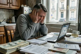 Homme stressé assis à une table encombrée de factures en retard, illustrant les conséquences du surendettement