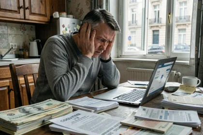 Homme stressé assis à une table encombrée de factures en retard, illustrant les conséquences du surendettement