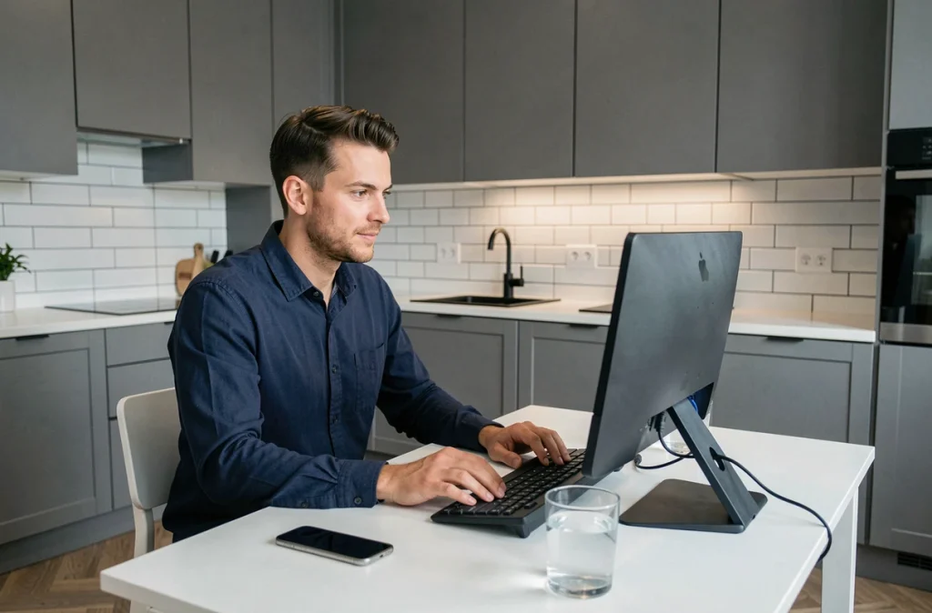 Homme en télétravail depuis sa cuisine moderne avec double écran, alliant espace de vie et espace professionnel