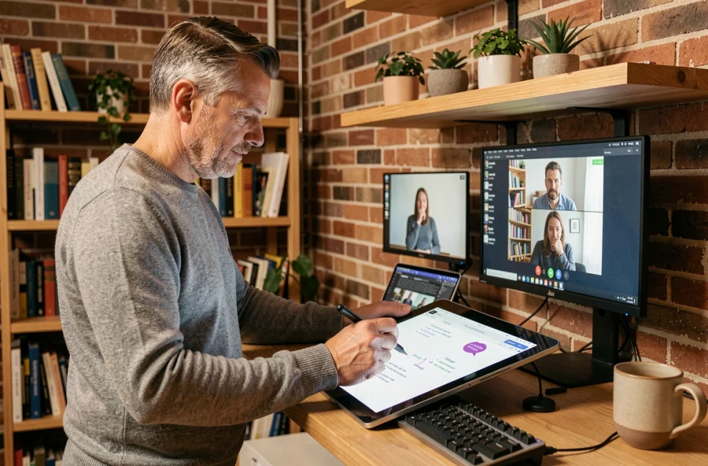 Homme en télétravail annotant une tablette numérique dans un bureau à domicile moderne et productif