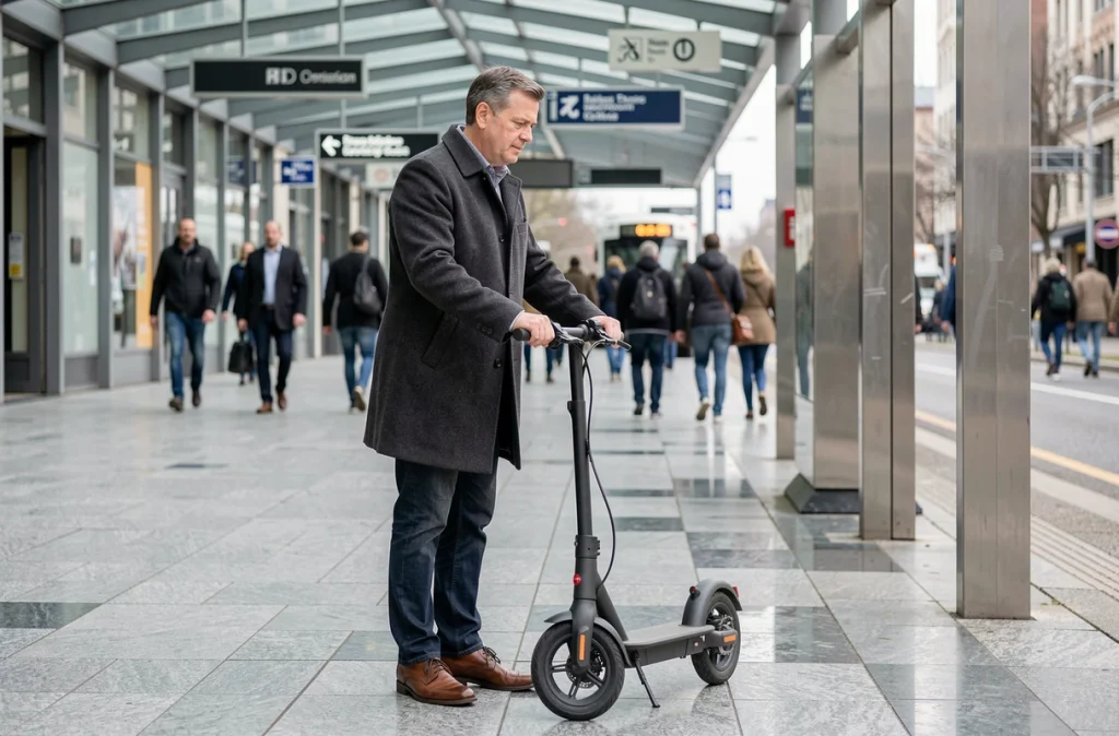 Homme repliant une trottinette électrique à un arrêt de tramway moderne en centre-ville