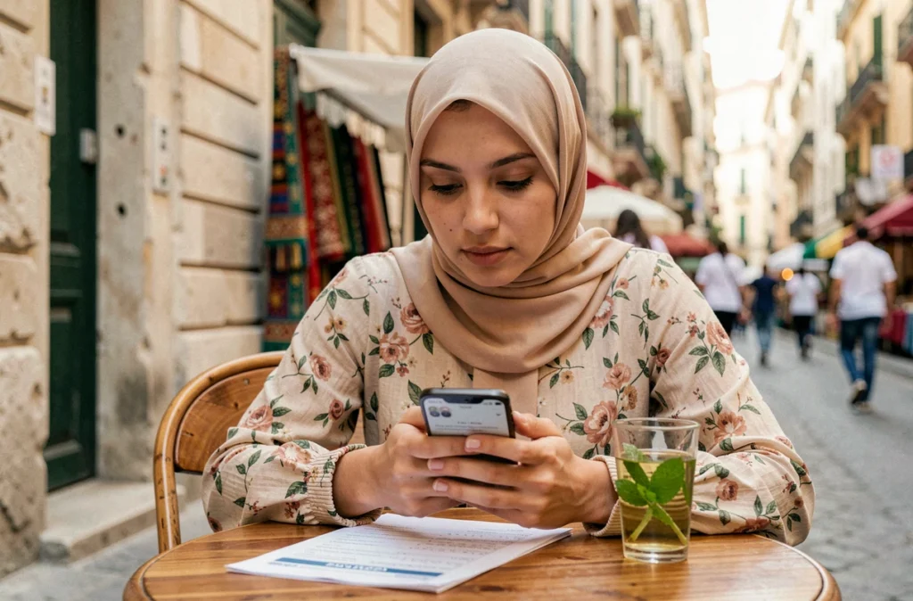 Jeune femme musulmane consultant les horaires de prière sur smartphone dans un café de Marseille en été