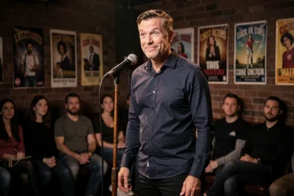 Humoriste sur scène dans un club de comédie pratiquant l'humour noir avec un sourire ironique devant un public flou