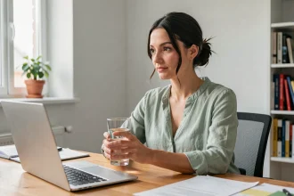 Femme concentrée à son bureau tenant un verre d'eau, illustrant les bienfaits de l'hydratation sur la concentration au travail