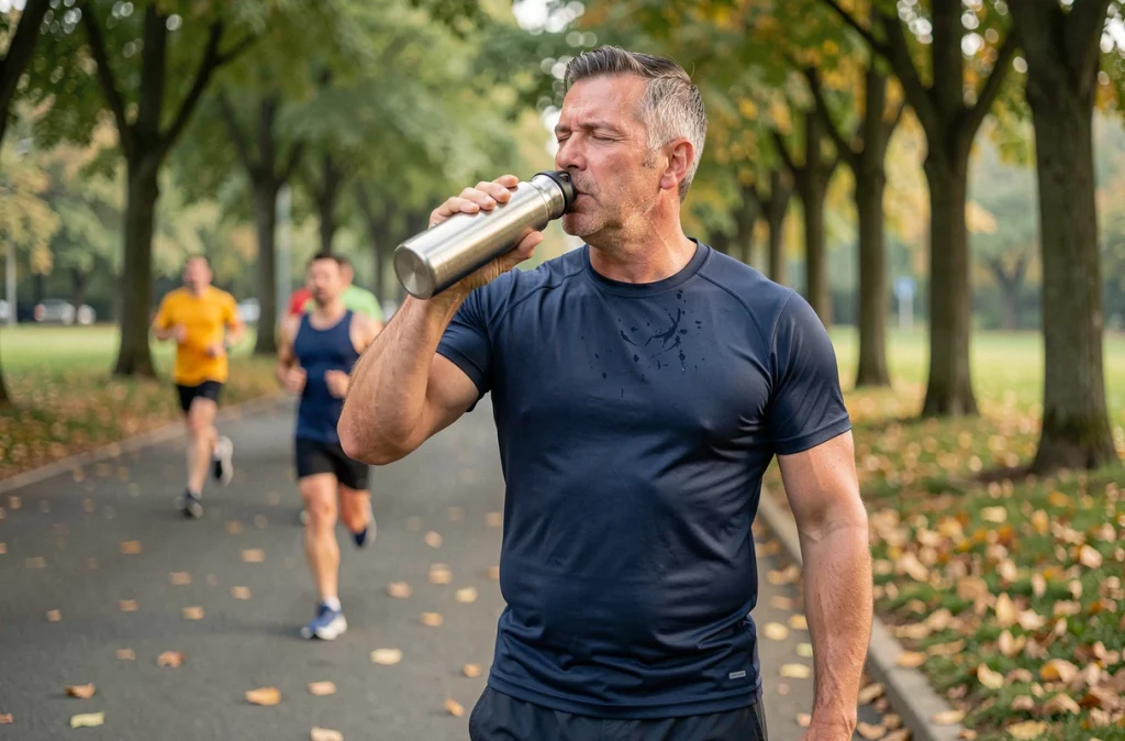 Homme en cours de jogging dans un parc urbain buvant à une gourde, symbolisant l'importance de l'hydratation pour la vitalité physique