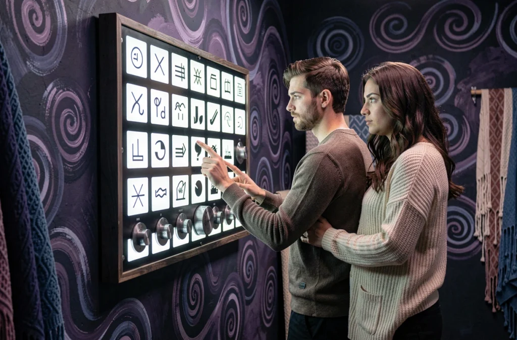 Couple face à un panneau d'énigmes hypnotiques à l'escape game Hypnotic Game de Rousset