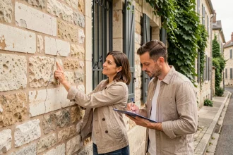 Couple inspectant la façade en pierre fissurée d'une maison ancienne avant achat