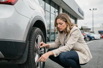 Femme inspectant les pneus d'un SUV familial dans un parking de concession automobile