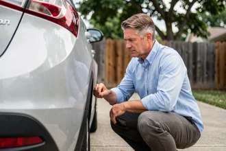 Homme inspectant l'état extérieur d'une voiture d'occasion avant la vente dans une allée résidentielle