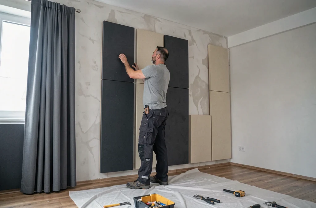 Installateur posant des panneaux acoustiques sur le mur d'une chambre en cours d'isolation phonique