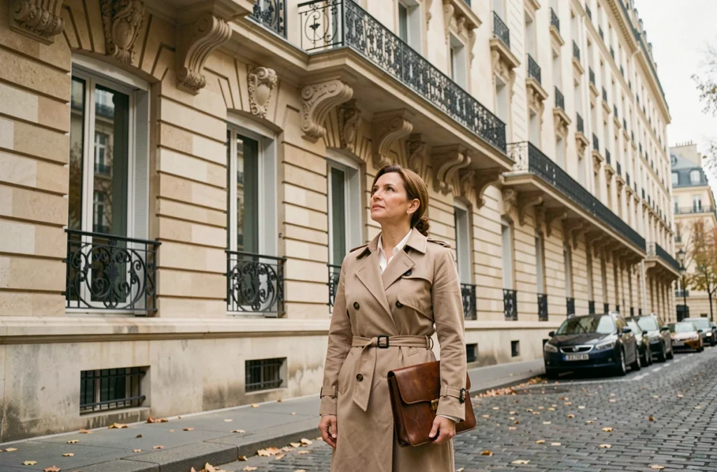 Investisseuse évaluant un immeuble haussmannien pour un achat en viager à Paris