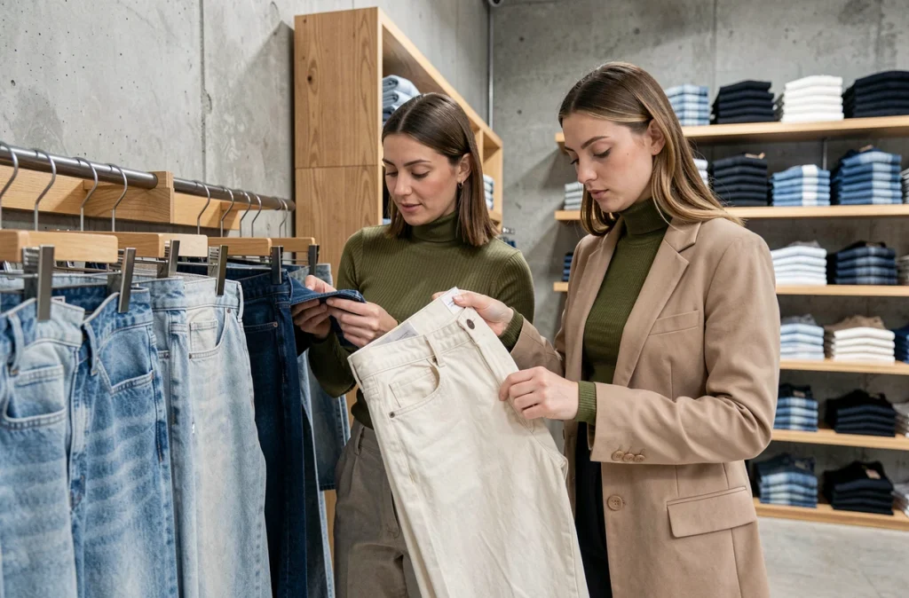 Deux femmes choisissant des jeans taille haute dans un concept store urbain contemporain aux murs en béton brut