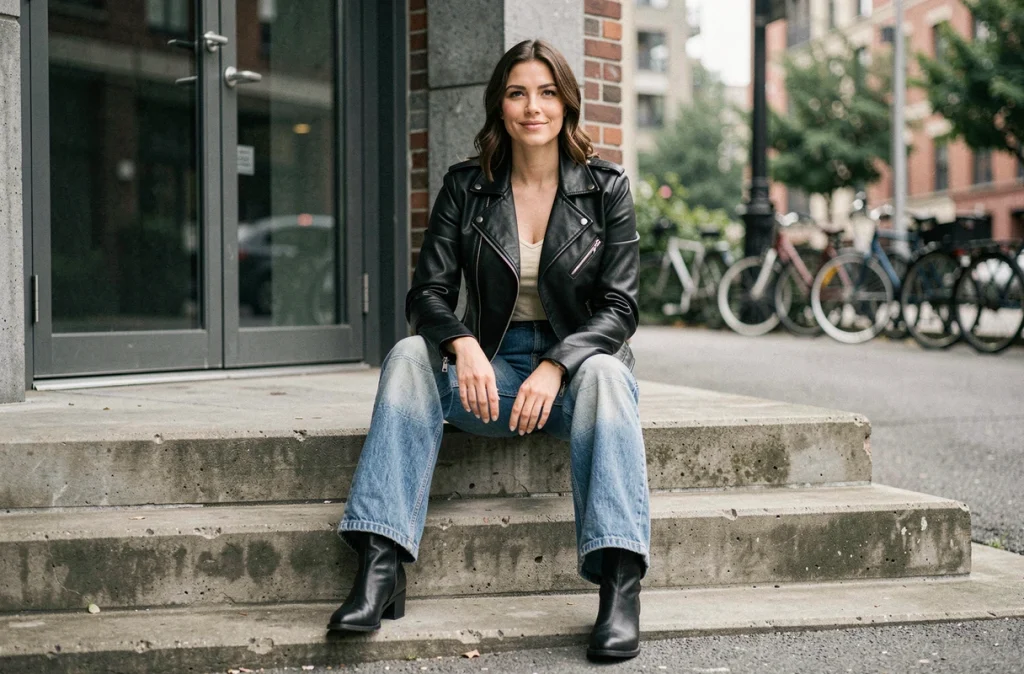 Femme assise sur des marches urbaines portant un jean taille haute vintage à jambe large avec une veste en cuir noire, look street style