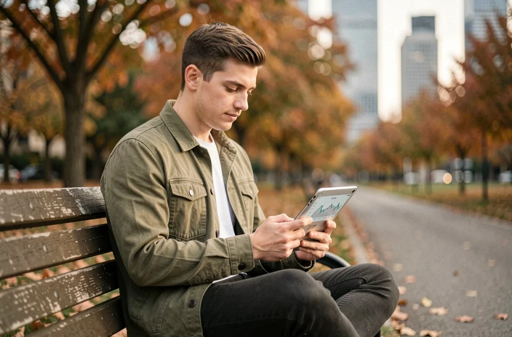 Jeune actif consultant une application d'épargne salariale sur tablette dans un parc urbain