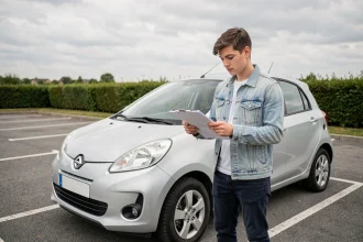 Jeune conducteur masculin examinant des documents d'assurance automobile appuyé contre une voiture compacte argentée dans un parking suburban