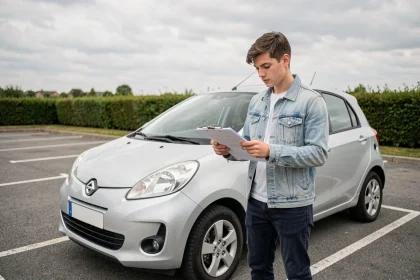 Jeune conducteur masculin examinant des documents d'assurance automobile appuyé contre une voiture compacte argentée dans un parking suburban
