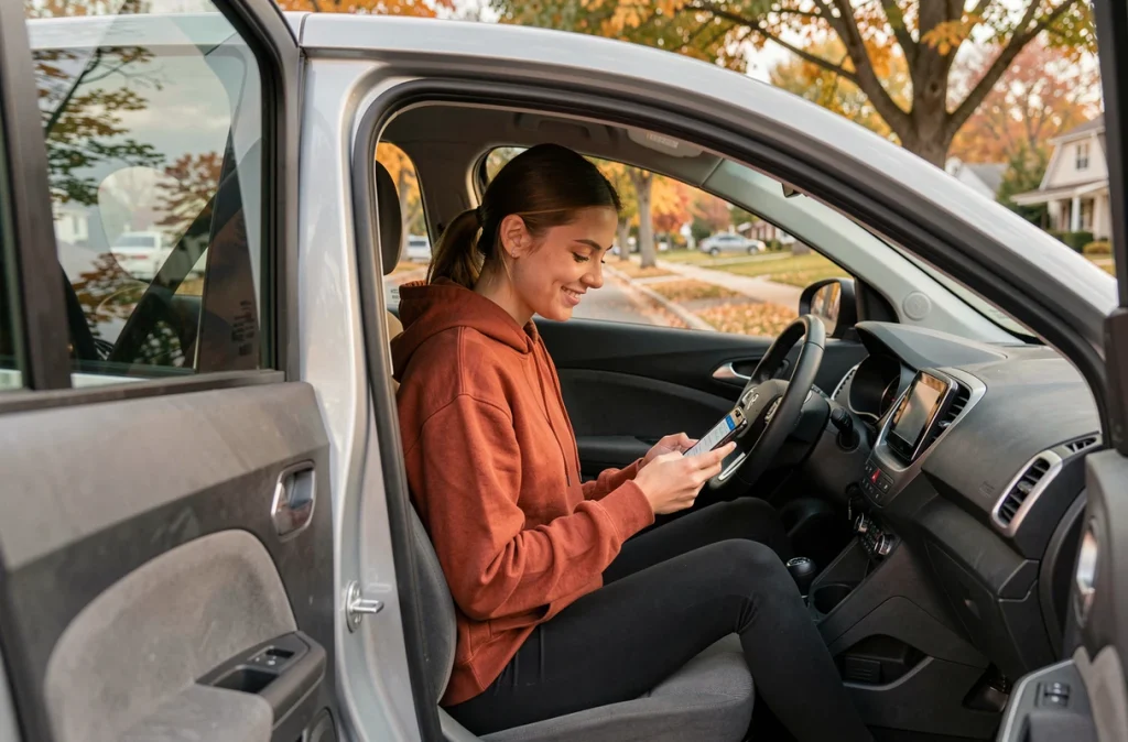 Jeune femme conductrice assise dans sa voiture consultant une application d'assurance tous risques sur son smartphone