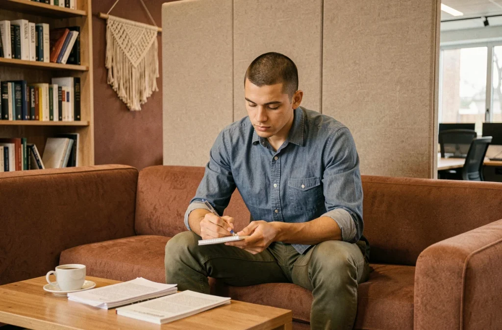 Jeune entrepreneur prenant des notes dans un carnet dans la zone lounge détendue d'un espace de coworking chaleureux