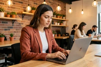 Jeune femme entrepreneur travaillant sur son ordinateur portable dans un espace de coworking moderne avec des murs en briques apparentes