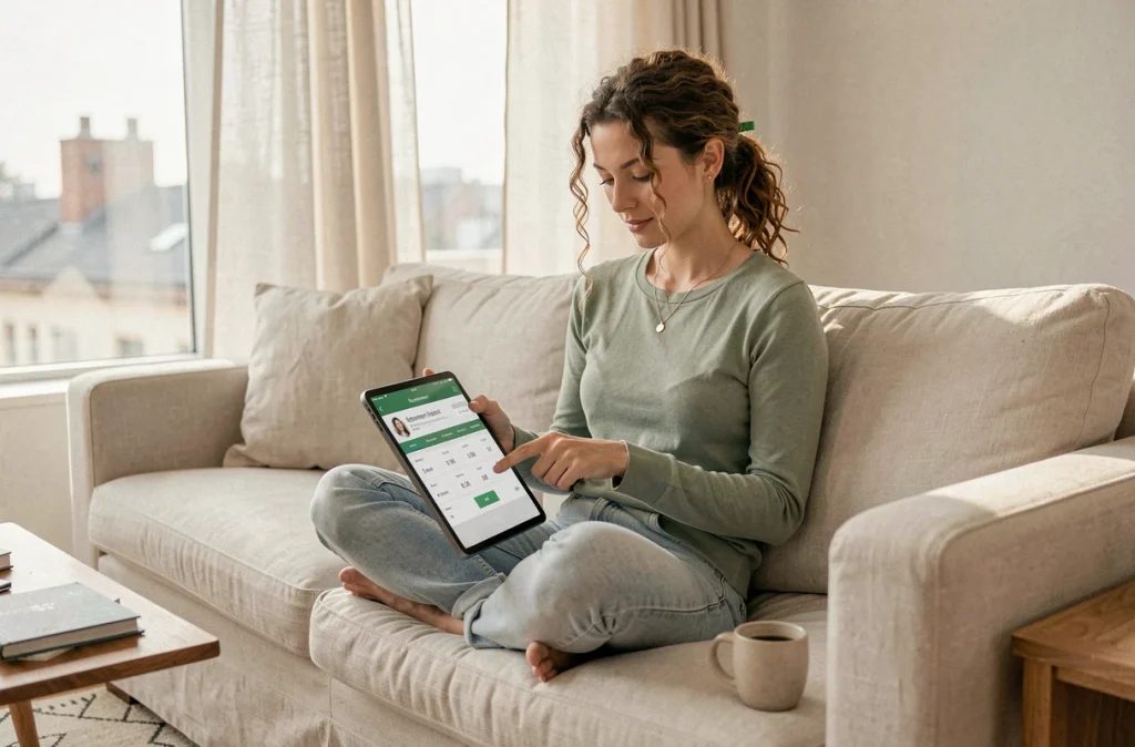 Jeune femme calculant son épargne retraite sur une application mobile depuis son salon