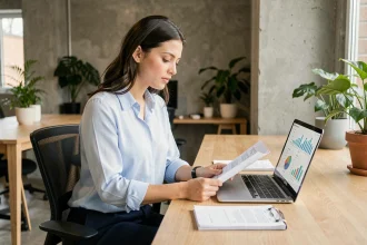 Jeune femme active consultant des documents sur l'épargne salariale dans un bureau moderne