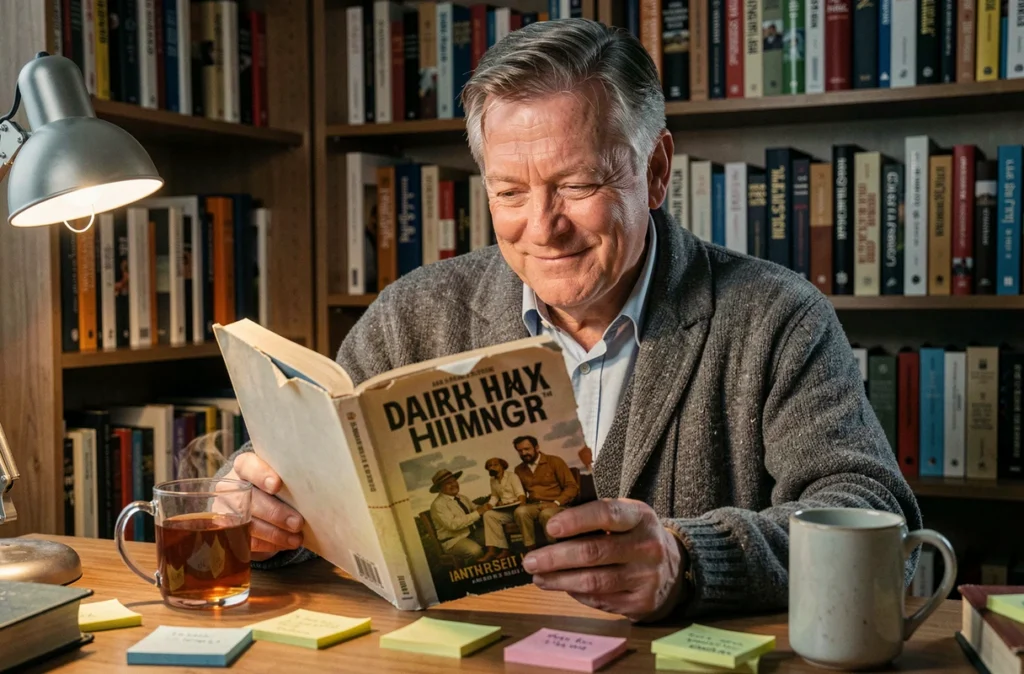 Homme d'âge mûr lisant un livre d'humour noir avec un sourire cynique dans son bureau à domicile