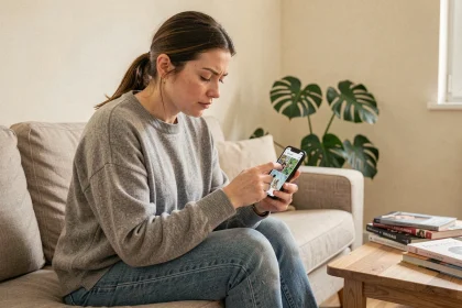 Femme lisant un scan Phoenix sur smartphone dans un salon cosy, expérience de lecture mobile de manga