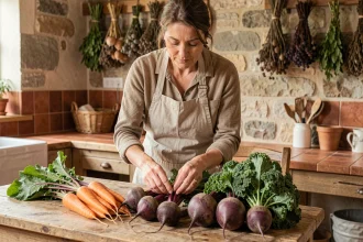 Femme en tablier de lin arrangeant des légumes de saison colorés sur une table en bois rustique dans une cuisine campagnarde