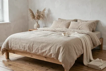 Lit fait avec un linge de lit en lin naturel de couleur avoine dans une chambre de style scandinave avec parquet en chêne et murs blanchis à la chaux