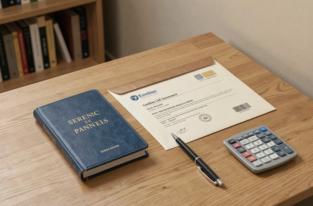 Vue du dessus d'un livret d'épargne et d'un contrat d'assurance vie posés côte à côte sur un bureau en chêne