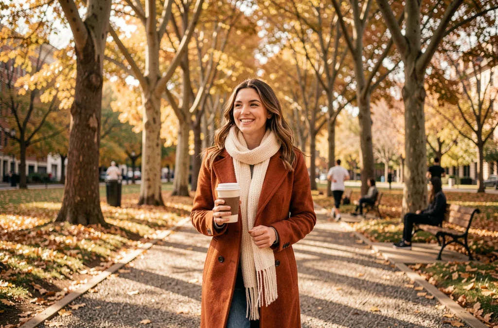 Jeune femme souriante se promenant dans un parc urbain en automne sous une lumière naturelle tamisée, illustrant les bienfaits de l'exposition quotidienne à la lumière du jour pour la régulation de l'humeur et le bien-être mental