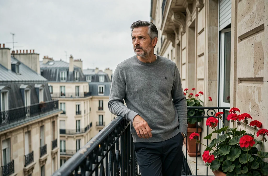 Homme d'âge moyen sur un balcon parisien contemplatif, profitant de la lumière naturelle du ciel couvert, illustrant l'impact de l'exposition à la lumière diurne sur l'équilibre émotionnel et la régulation de l'humeur