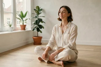 Femme en tenue décontractée assise près d'une grande fenêtre baignée de lumière naturelle, dans un intérieur scandinave minimaliste, exprimant une sérénité liée à la régulation de l'humeur par la lumière du jour
