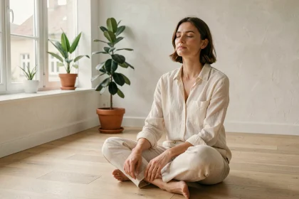 Femme en tenue décontractée assise près d'une grande fenêtre baignée de lumière naturelle, dans un intérieur scandinave minimaliste, exprimant une sérénité liée à la régulation de l'humeur par la lumière du jour