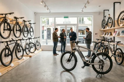 Intérieur d'un magasin de vélos électriques dans le Val-de-Marne avec plusieurs modèles exposés et des clients en train de les examiner