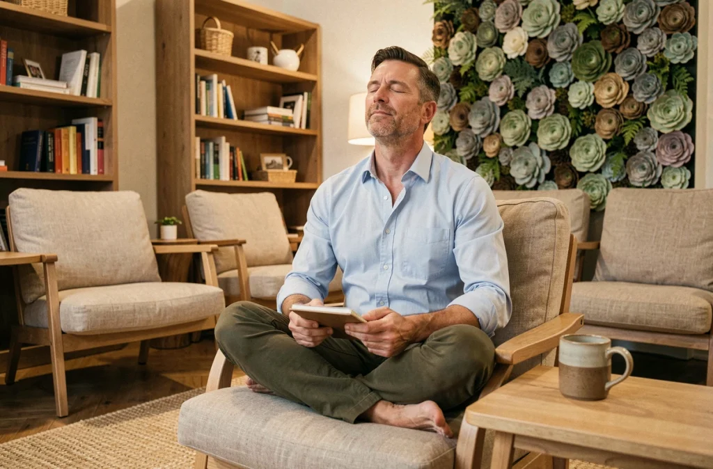 Manager en pause bien-être dans un espace de détente aménagé par l'entreprise, incarnant les nouvelles priorités des dirigeants